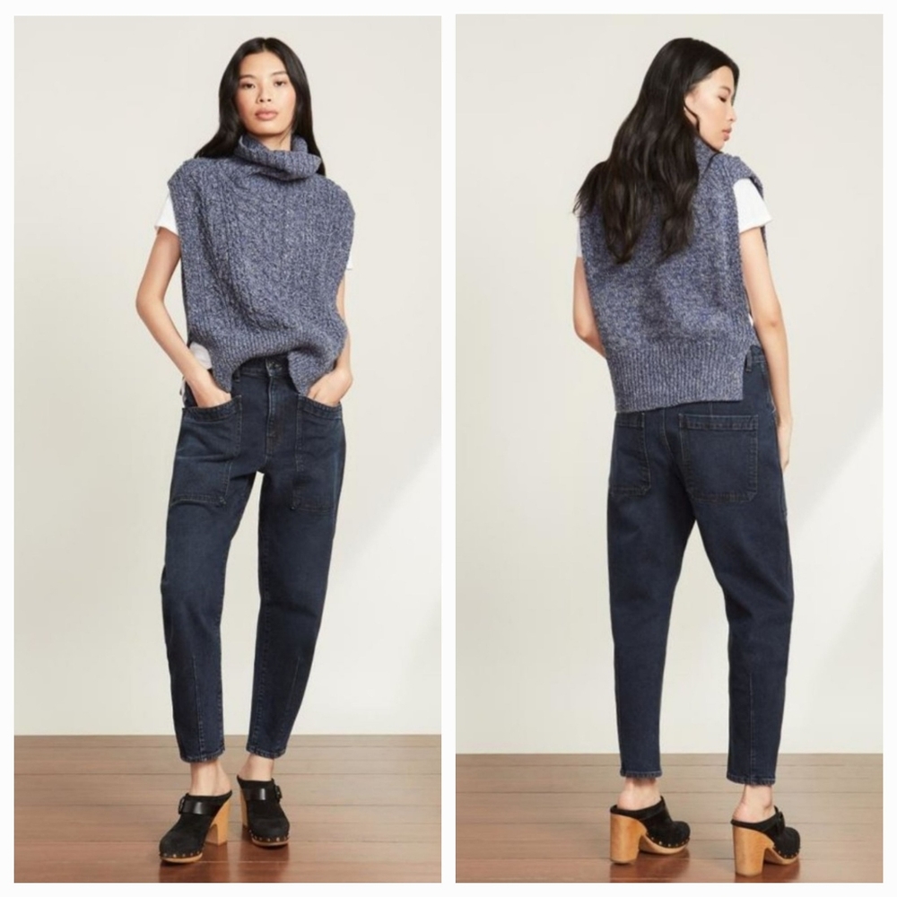 Veronica Beard Heathered Navy Sleeveless Cable Turtleneck Sweater